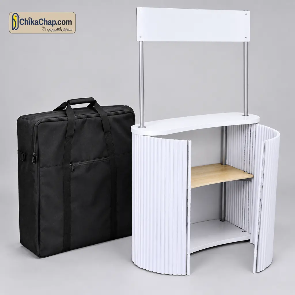 ابعاد و نحوه جمع شدن میز سمپلینگ تاشو پی وی سی داخل کیف حمل برزنتی چیکاچاپ